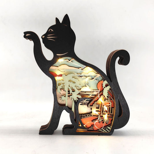 Decorative Wooden Cat Carved Figurine With Led Light-Catonomy-Catonomy